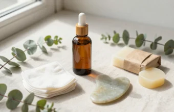 Curated sustainable skincare gifts featuring refillable glass serum bottle, reusable organic cotton pads, gua sha stone, and solid facial oil bar in flat lay composition