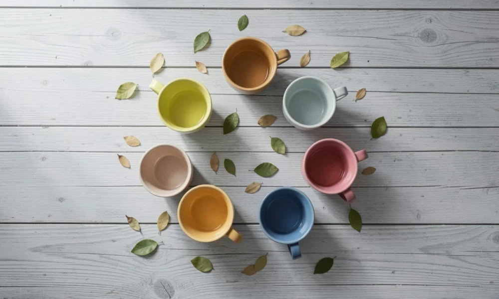 Amber-colored black tea in a white ceramic cup with loose Assam tea leaves on a dark wooden surface