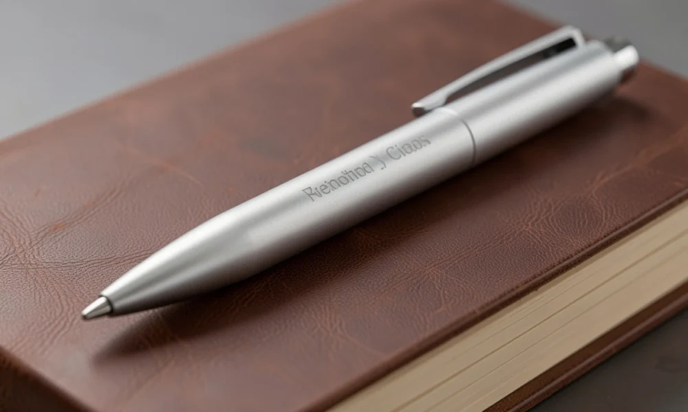 Silver aluminum pen with matte finish resting on leather journal in natural light, showcasing lightweight metal construction and ergonomic grip design suitable for extended writing sessions