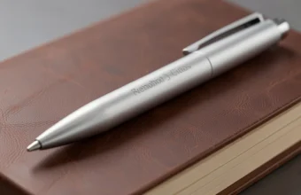 Silver aluminum pen with matte finish resting on leather journal in natural light, showcasing lightweight metal construction and ergonomic grip design suitable for extended writing sessions