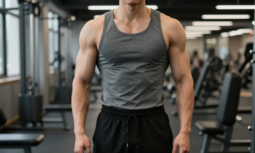 Lean muscular man with defined arms and vascularity standing in gym after Anavar cycle results showing muscle definition and low body fat