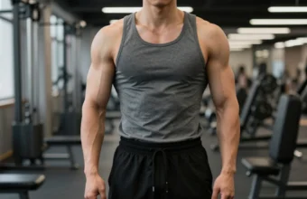Lean muscular man with defined arms and vascularity standing in gym after Anavar cycle results showing muscle definition and low body fat