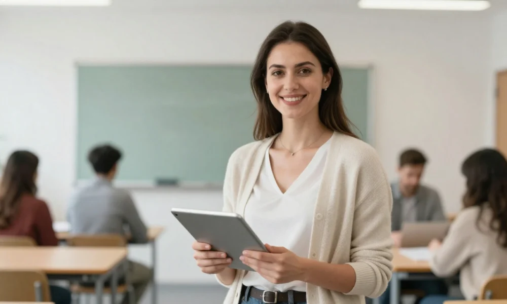 Australian teacher in a UK classroom holding tablet, preparing for a lesson, realistic photo of female educator with glasses in London school