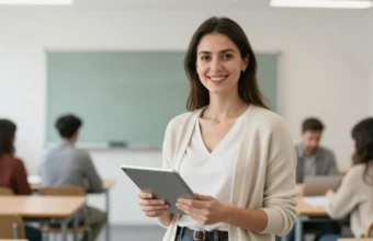 Australian teacher in a UK classroom holding tablet, preparing for a lesson, realistic photo of female educator with glasses in London school