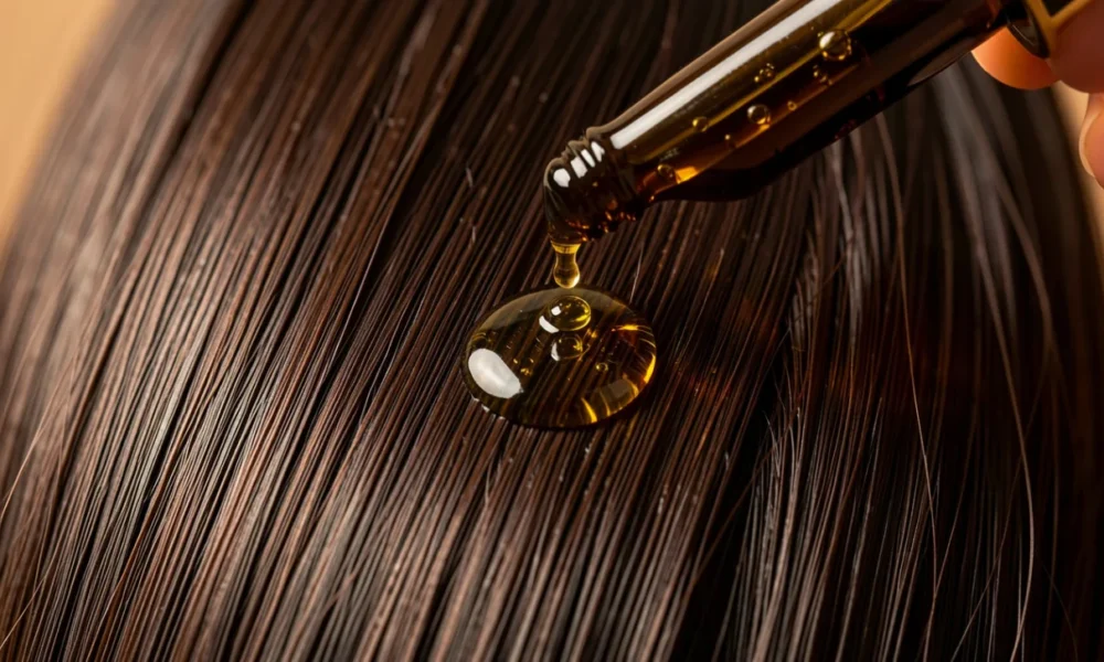 Close-up of pure batana oil being dropped onto healthy long dark hair from a glass bottle, showing its golden texture for hair nourishment and moisturizing benefits