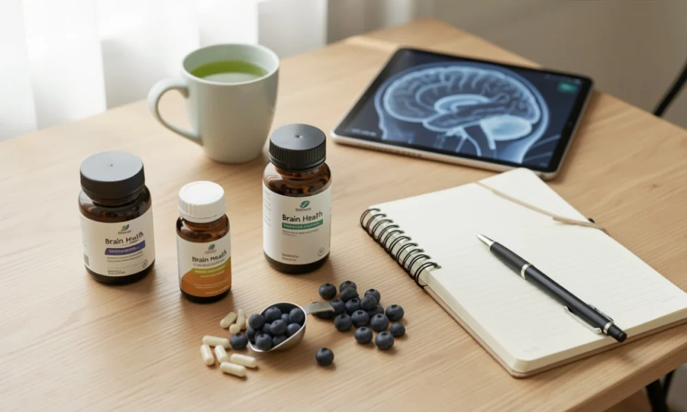 A flat lay of brain supplements including fish oil and turmeric capsules alongside fresh blueberries, a cup of green tea, and a notebook, representing a holistic approach to cognitive health and memory support.