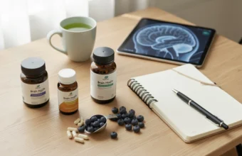 A flat lay of brain supplements including fish oil and turmeric capsules alongside fresh blueberries, a cup of green tea, and a notebook, representing a holistic approach to cognitive health and memory support.