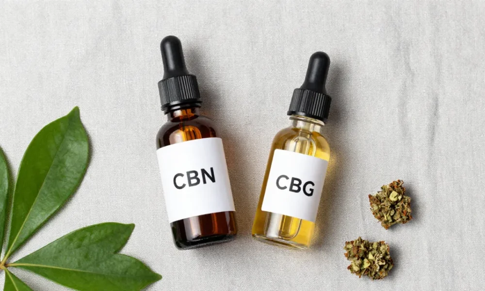 CBN vs CBG comparison, featuring amber CBN oil and golden CBG oil in glass jars with fresh cannabis leaves and dried buds on a neutral background.