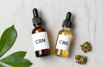 CBN vs CBG comparison, featuring amber CBN oil and golden CBG oil in glass jars with fresh cannabis leaves and dried buds on a neutral background.