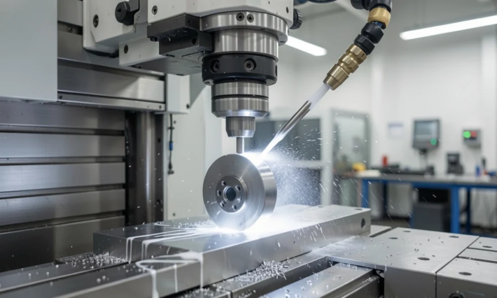 Close-up of a CNC milling machine actively cutting a metal workpiece with coolant fluid, showcasing precision manufacturing and machining technology.