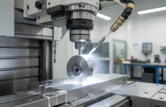Close-up of a CNC milling machine actively cutting a metal workpiece with coolant fluid, showcasing precision manufacturing and machining technology.