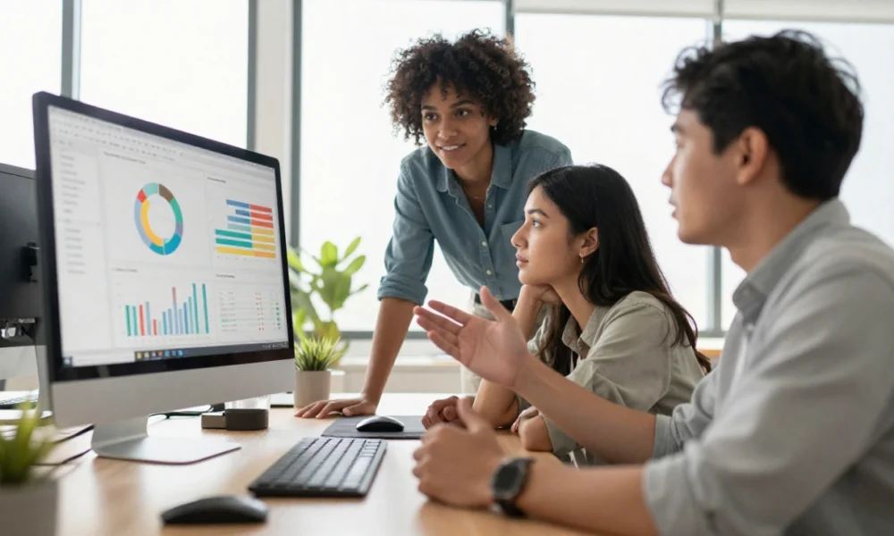 Content marketing team analyzing digital campaign performance metrics and engagement data in modern office, representing content marketing trends 2026 focus on analytics and human connection