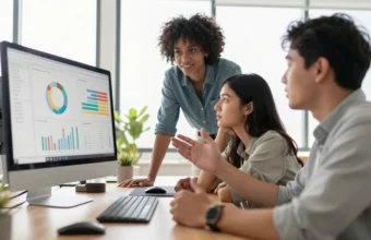 Content marketing team analyzing digital campaign performance metrics and engagement data in modern office, representing content marketing trends 2026 focus on analytics and human connection