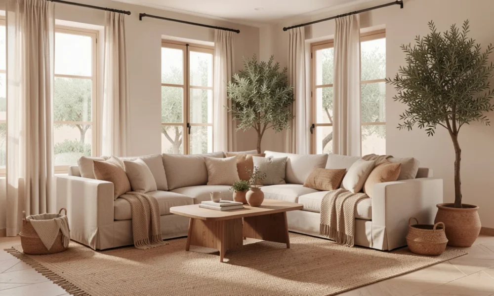 A bright, modern Costa Blanca living room featuring layered lighting with a black pendant light, a floor lamp, recessed ceiling lights, and accent lighting highlighting artwork and a potted olive tree.