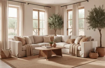 A bright, modern Costa Blanca living room featuring layered lighting with a black pendant light, a floor lamp, recessed ceiling lights, and accent lighting highlighting artwork and a potted olive tree.