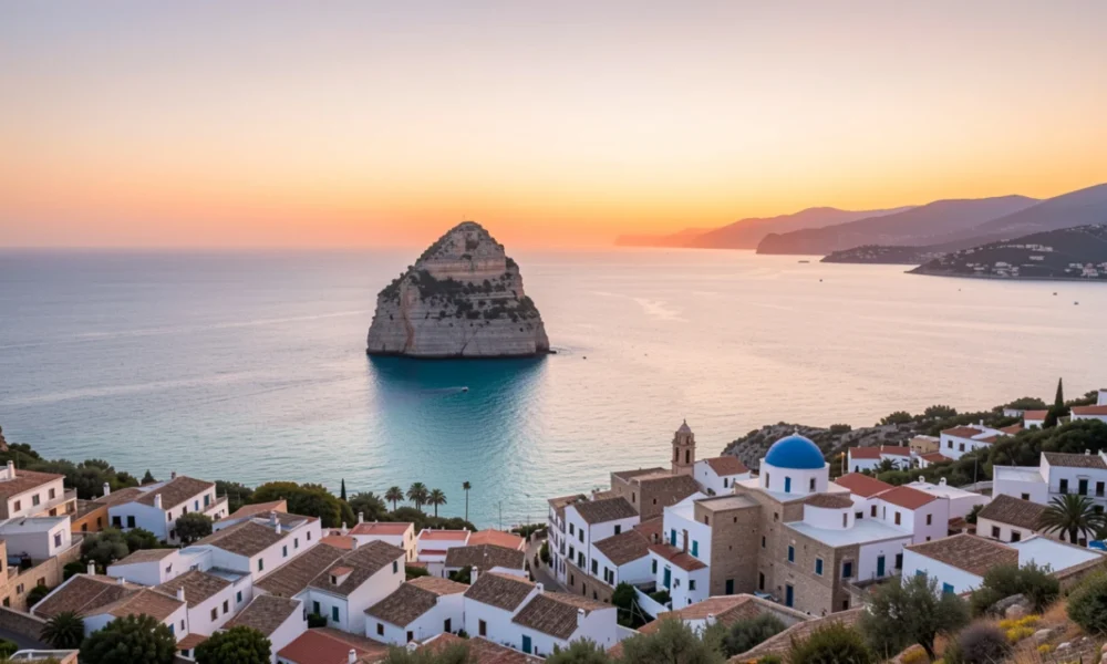 Costa Blanca travel guide featuring the Peñón de Ifach in Calpe and the old town of Altea, Spain, at sunset