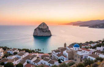 Costa Blanca travel guide featuring the Peñón de Ifach in Calpe and the old town of Altea, Spain, at sunset