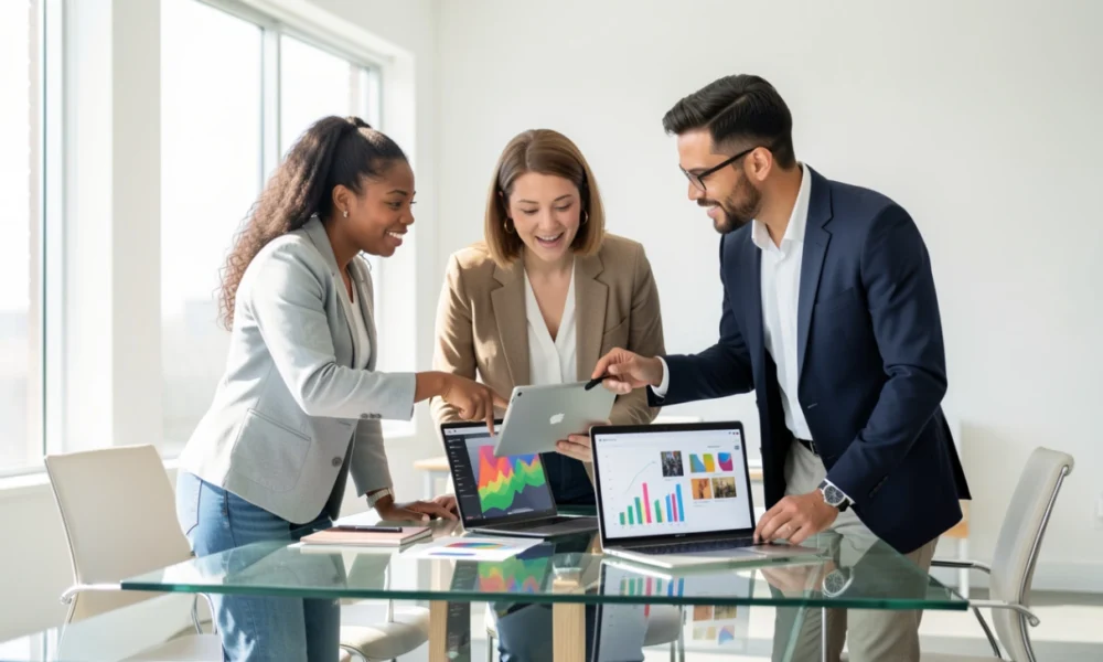 Professional creative consulting team analyzing digital data and analytics on a laptop and tablet in a modern office.