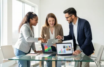 Professional creative consulting team analyzing digital data and analytics on a laptop and tablet in a modern office.