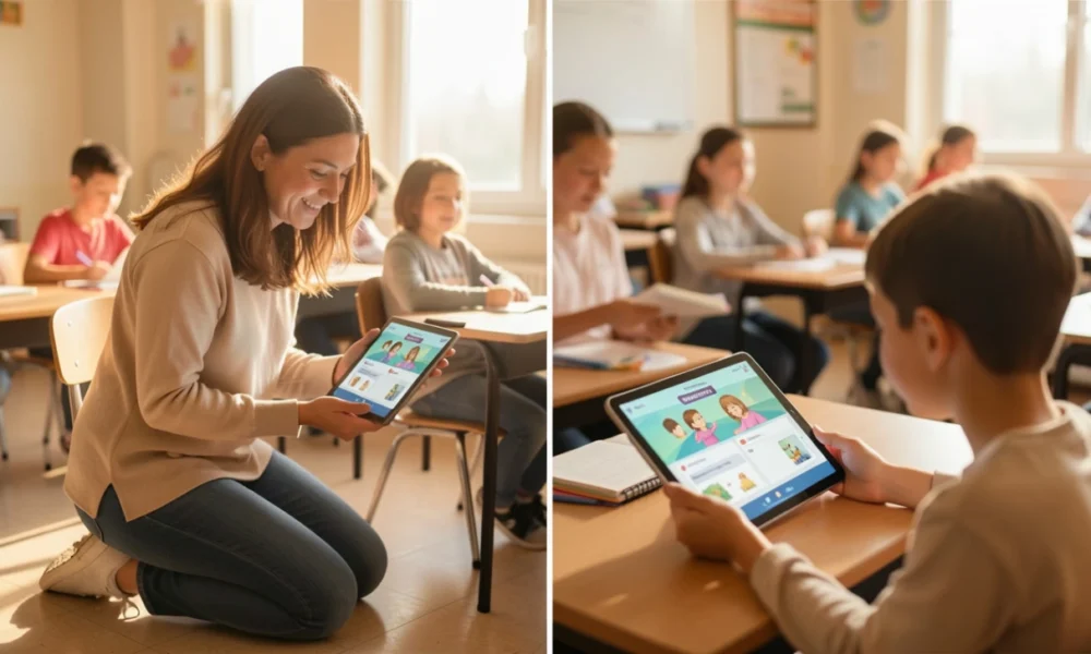 Diverse teacher and student using tablet for game-based assessment in classroom with analytics dashboard visible on screen