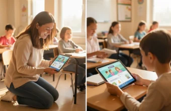 Diverse teacher and student using tablet for game-based assessment in classroom with analytics dashboard visible on screen
