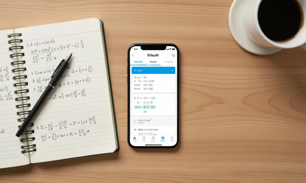 Student using the Gauth app on a smartphone for math homework, with a notebook and pen on a wooden desk.