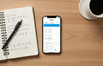 Student using the Gauth app on a smartphone for math homework, with a notebook and pen on a wooden desk.