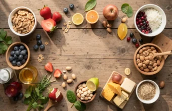 Overhead view of immune system foods including citrus fruits, berries, leafy greens, salmon, and yogurt on a wooden table