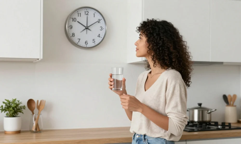 Woman practicing intermittent fasting time-restricted eating holding water in modern kitchen looking at clock at start of daily fasting window