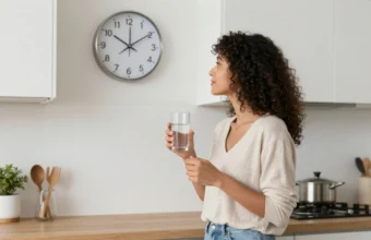 Woman practicing intermittent fasting time-restricted eating holding water in modern kitchen looking at clock at start of daily fasting window