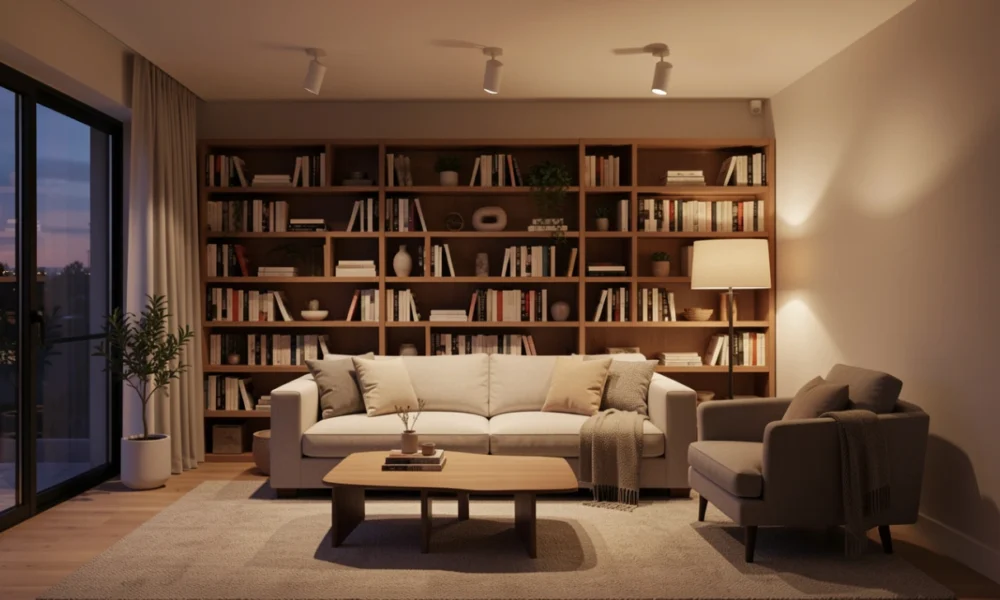 Modern living room interior with warm LED spotlights and lamp creating a cozy atmosphere at twilight