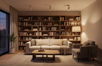 Modern living room interior with warm LED spotlights and lamp creating a cozy atmosphere at twilight