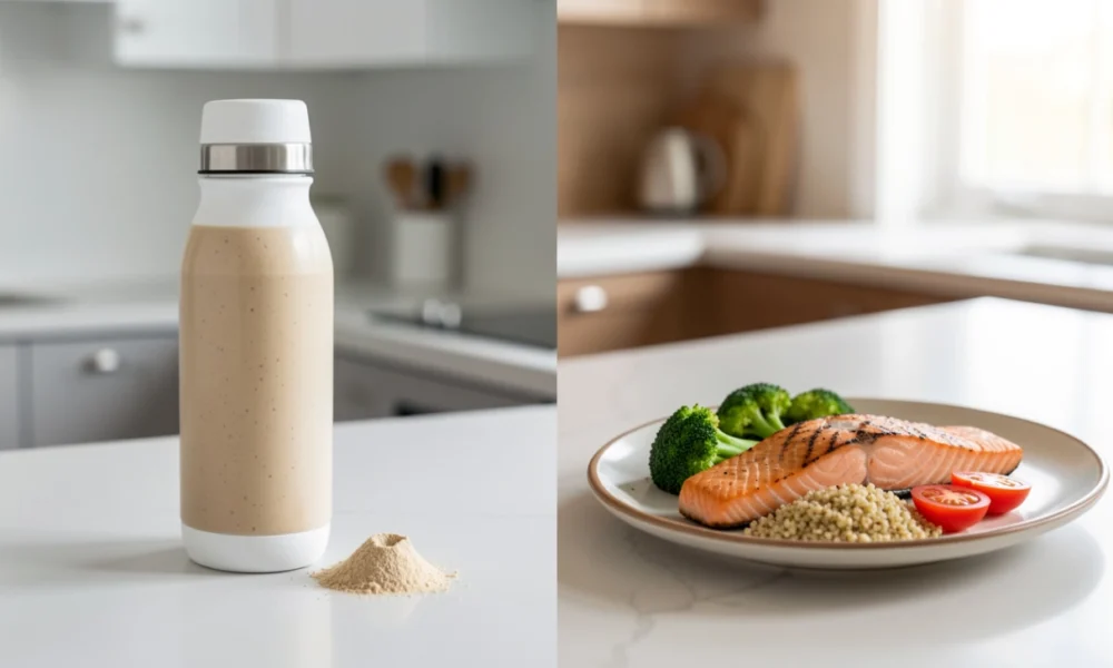 meal replacement shake vs traditional meal comparison with blender bottle and healthy salmon dinner plate