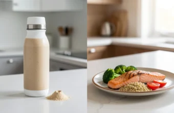 meal replacement shake vs traditional meal comparison with blender bottle and healthy salmon dinner plate
