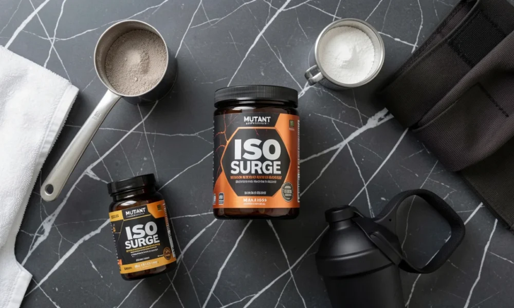 Mutant supplements product lineup including Iso Surge protein, MCT Oil, Mutant Mass, and Mutant Madness arranged on marble background with fitness accessories