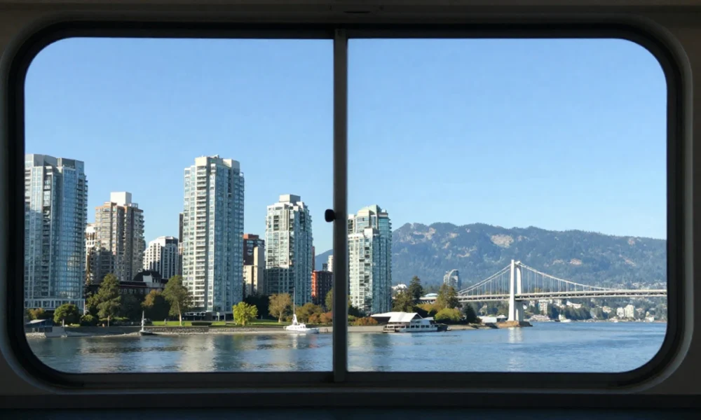 Scenic view of a BC Ferries vessel on the water approaching Vancouver skyline during a Nanaimo Vancouver commute, with a professional traveler looking out the window.