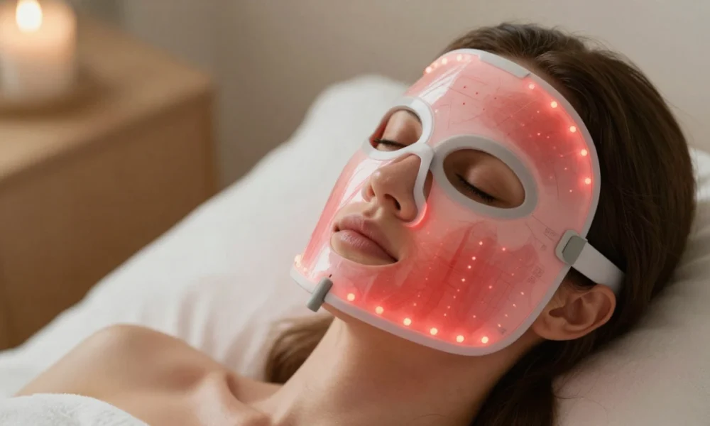 Woman relaxing at home wearing an Omnilux Contour LED face mask with red light therapy for skin rejuvenation and anti-aging treatment