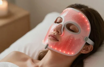 Woman relaxing at home wearing an Omnilux Contour LED face mask with red light therapy for skin rejuvenation and anti-aging treatment