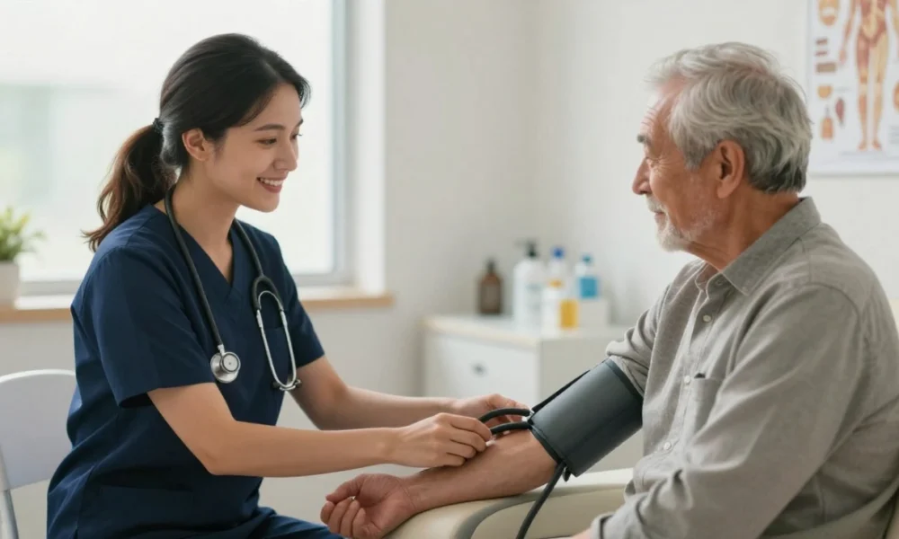 Patient care assistant taking blood pressure of elderly male patient in community health clinic
