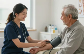 Patient care assistant taking blood pressure of elderly male patient in community health clinic