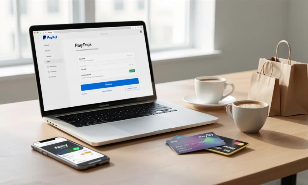 Modern workspace showing PayPal checkout on laptop screen with smartphone displaying payment app and credit card, illustrating digital payment options and e-commerce financial technology in 2026