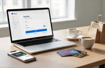 Modern workspace showing PayPal checkout on laptop screen with smartphone displaying payment app and credit card, illustrating digital payment options and e-commerce financial technology in 2026
