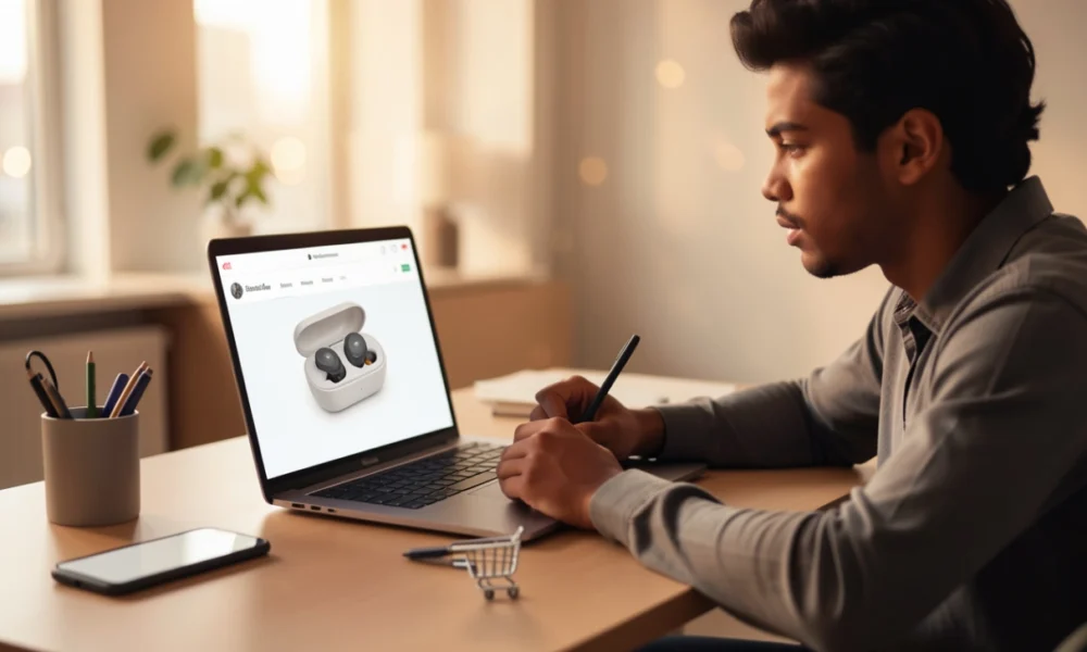 An entrepreneur editing a product demo video for wireless earbuds on a laptop in a modern home office.