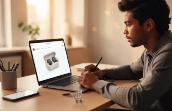 An entrepreneur editing a product demo video for wireless earbuds on a laptop in a modern home office.