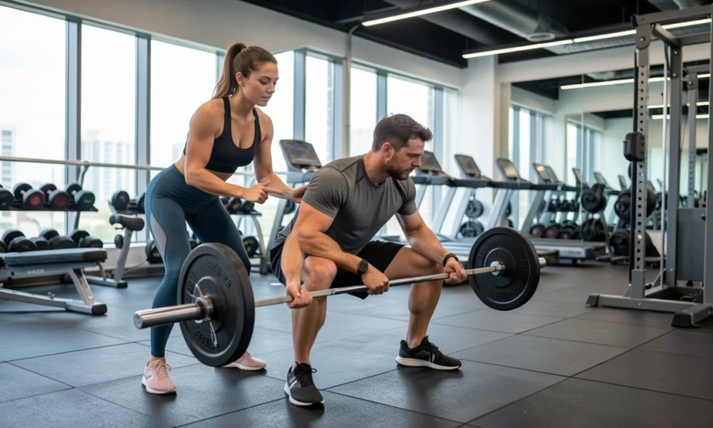 Professional personal trainer helping client with barbell squat exercise in modern gym setting