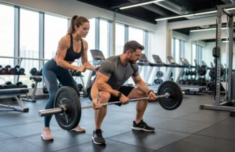 Professional personal trainer helping client with barbell squat exercise in modern gym setting