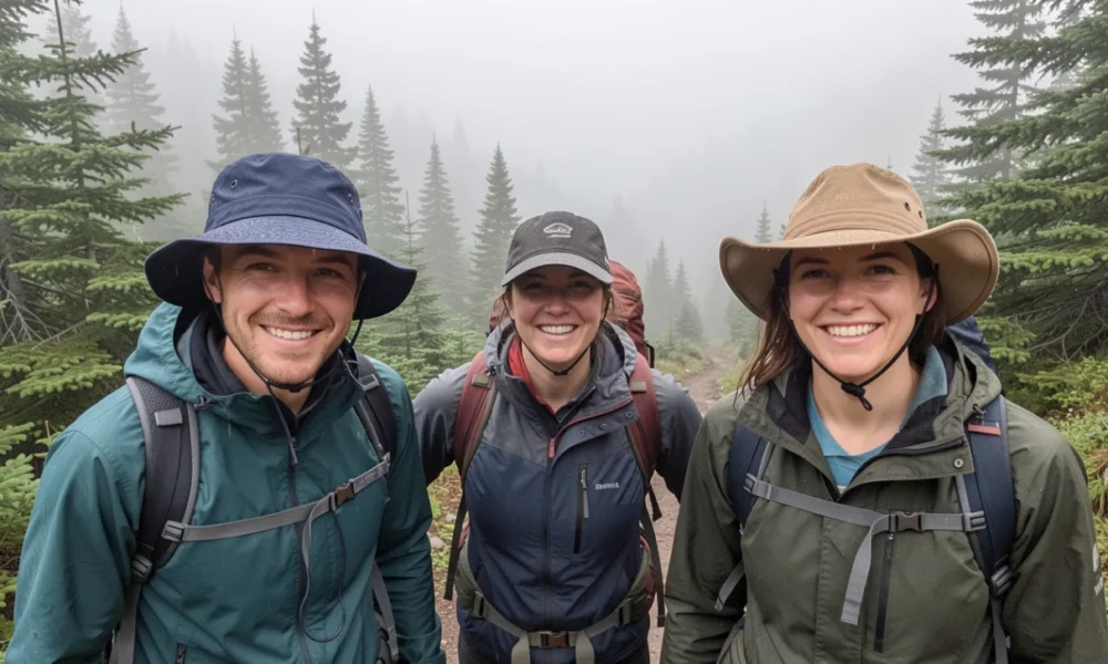 Three hikers wearing different types of waterproof hats including a bucket hat, baseball cap, and cowboy hat stay dry while hiking in rainy mountain conditions