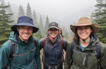 Three hikers wearing different types of waterproof hats including a bucket hat, baseball cap, and cowboy hat stay dry while hiking in rainy mountain conditions
