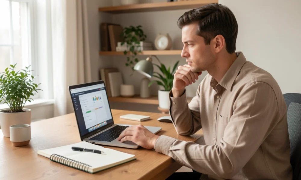 A man taking an online alcohol awareness course on a laptop in a home office, representing responsible drinking education and self-assessment.