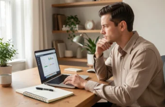 A man taking an online alcohol awareness course on a laptop in a home office, representing responsible drinking education and self-assessment.